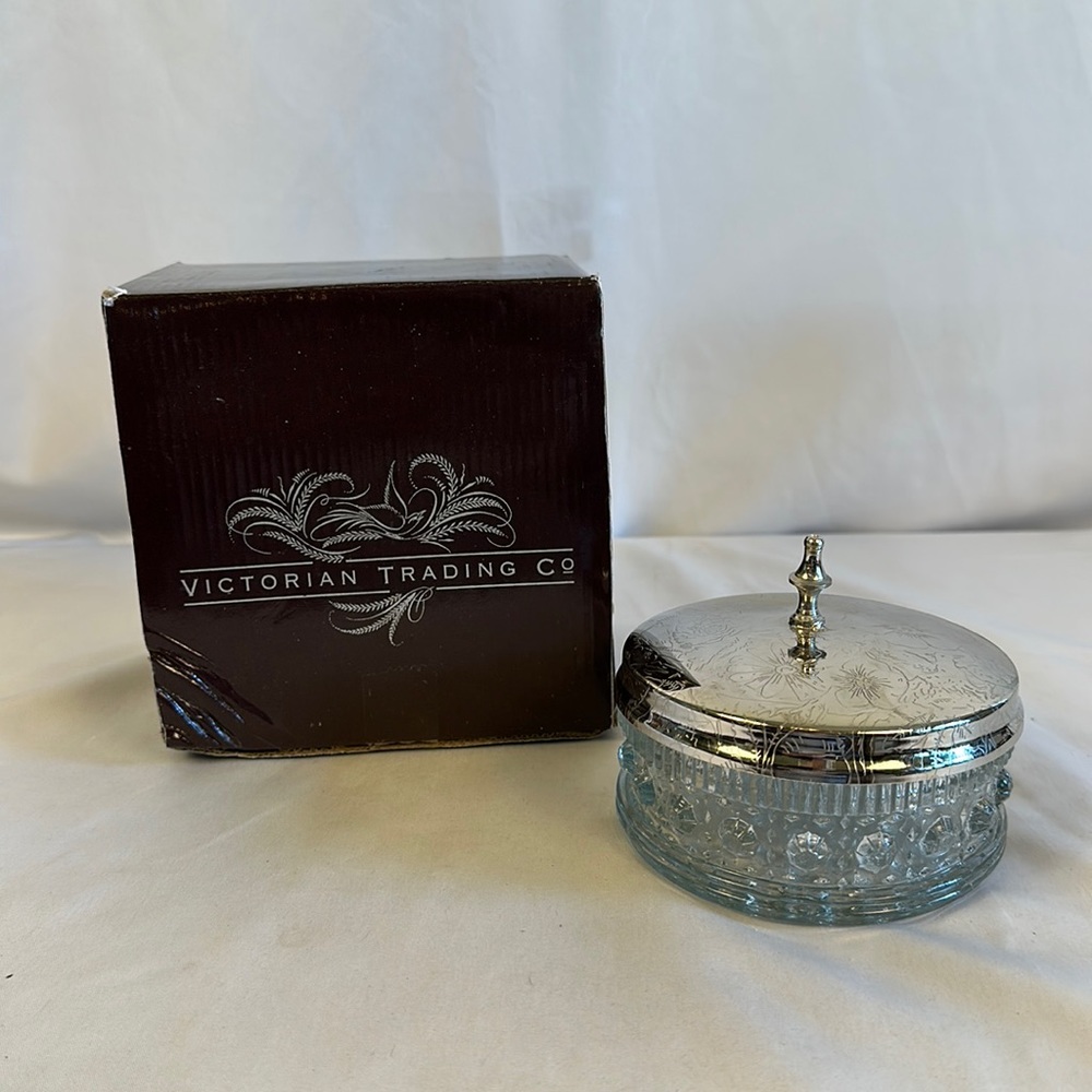 Victorian Trading Co Glass Powder/Trinket Box Silver Tone Lid